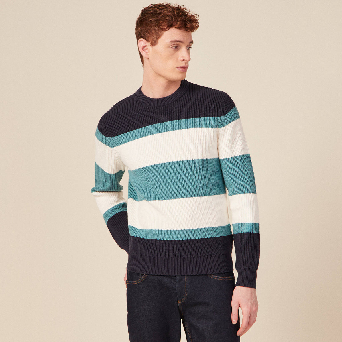 Pull fin col rond manches longues bleu pétrole homme
