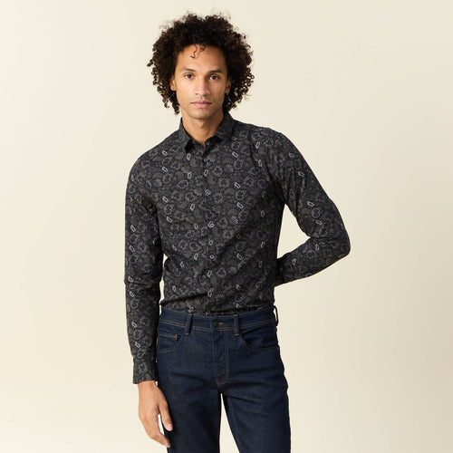 Chemise cintrée en coton manches longues noir homme