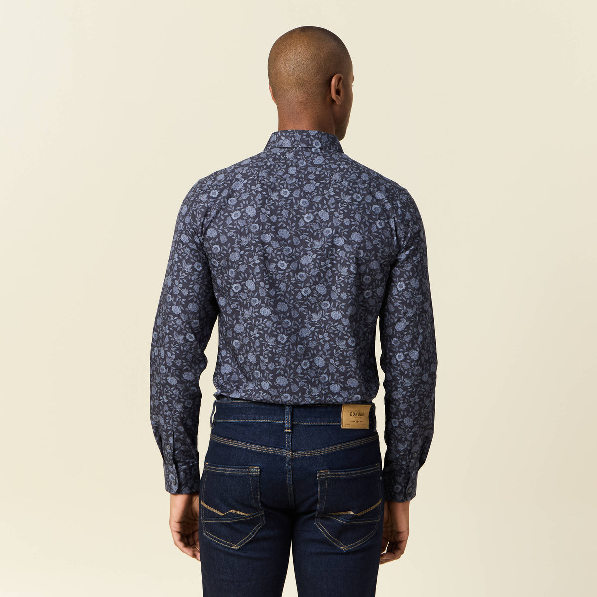 Chemise cintrée en coton manches longues bleu marine homme