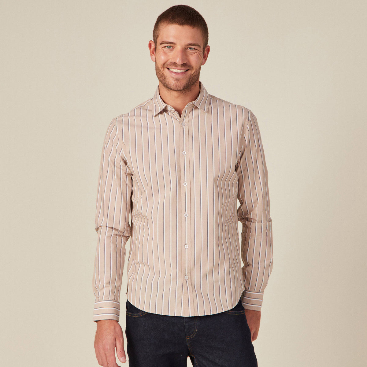 Chemise rayée en coton manches longues beige homme
