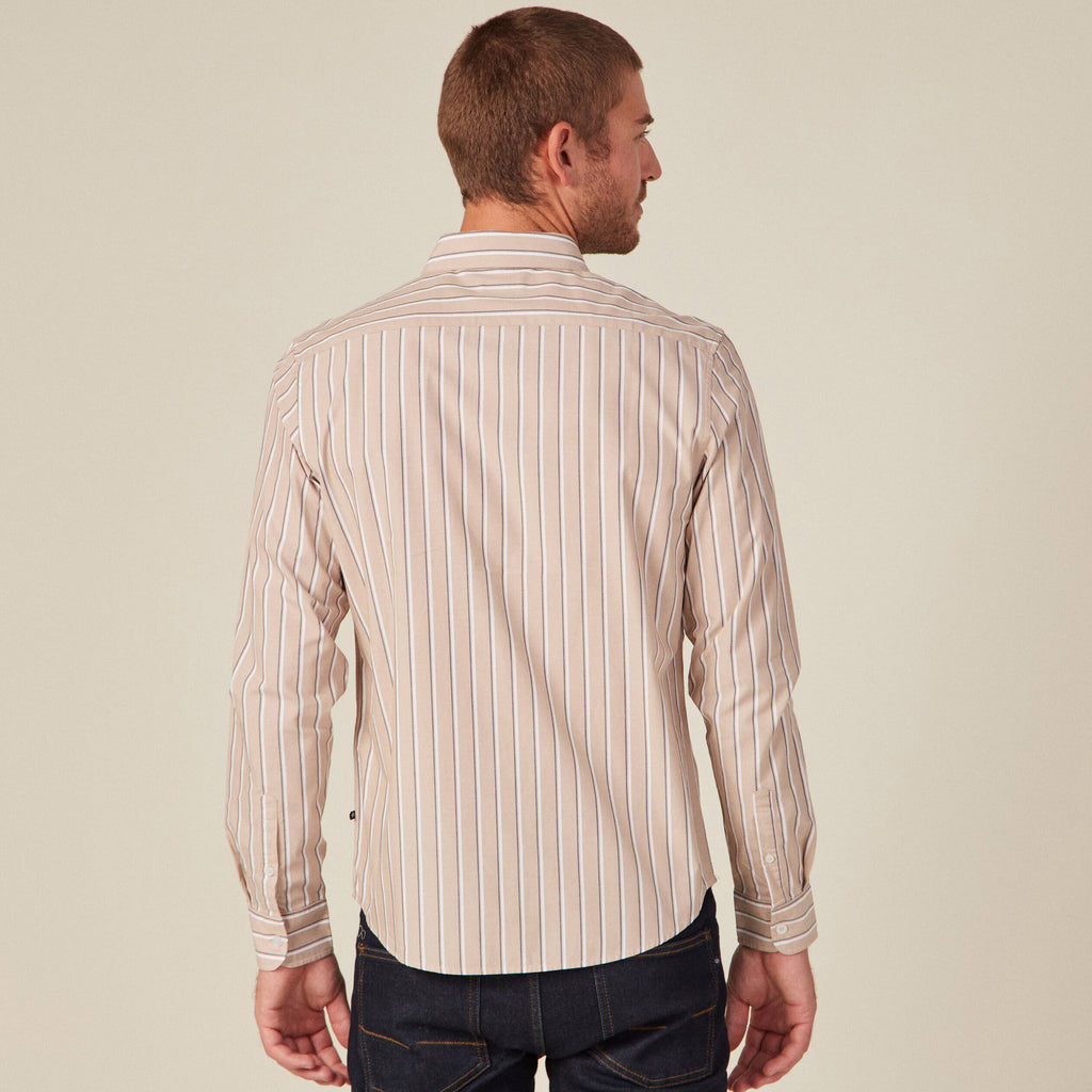Chemise rayée en coton manches longues beige homme