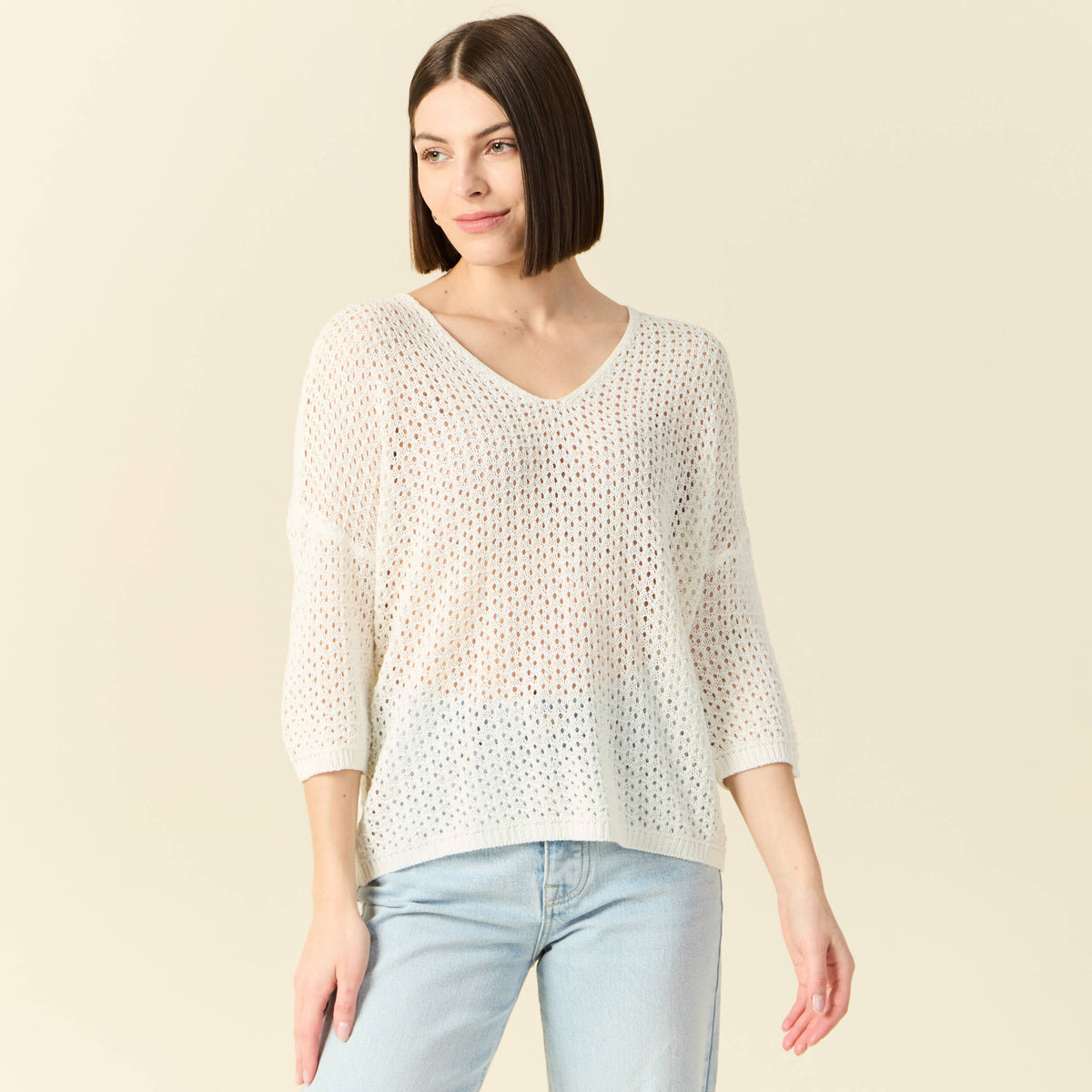 Pull ajouré col v manches 3/4 ecru femme