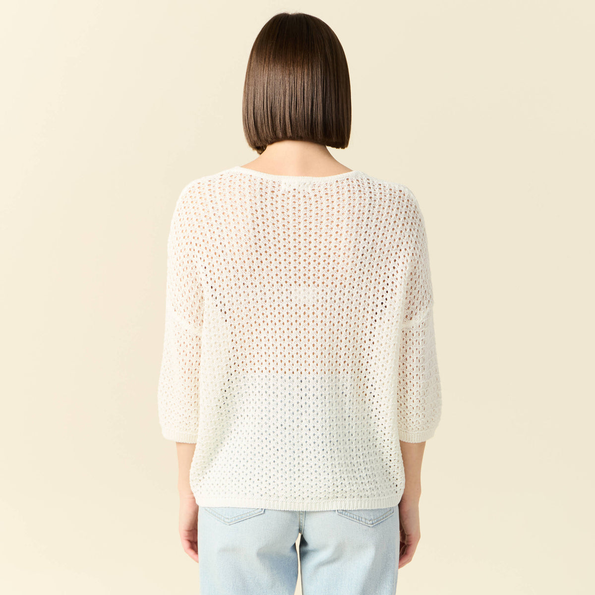 Pull ajouré col v manches 3/4 ecru femme