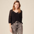 Pull ajouré col v manches 3/4 noir femme