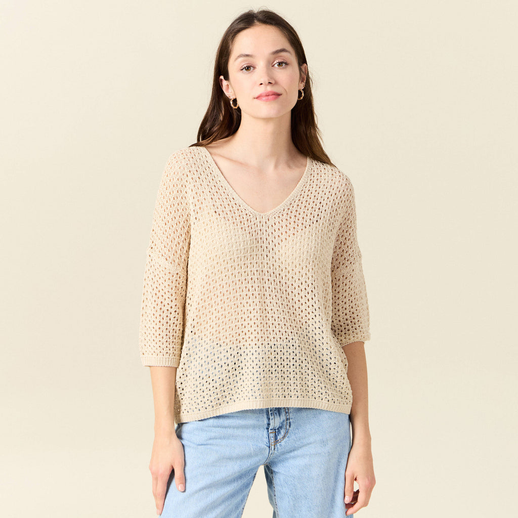 Pull ajouré col v manches 3/4 creme femme