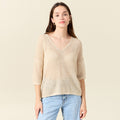 Pull ajouré col v manches 3/4 creme femme