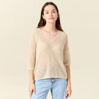 Pull ajouré col v manches 3/4 creme femme