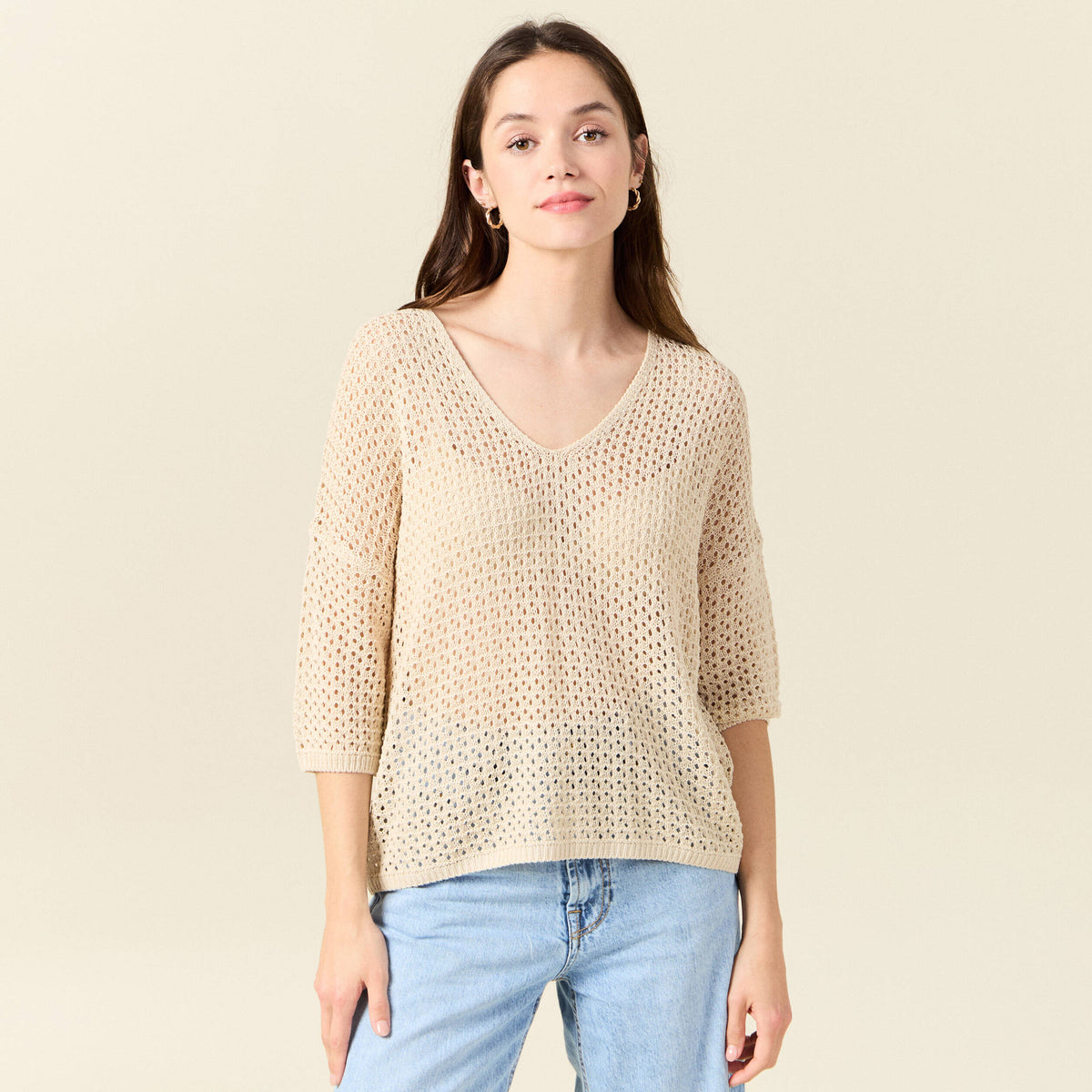 Pull ajouré col v manches 3/4 creme femme