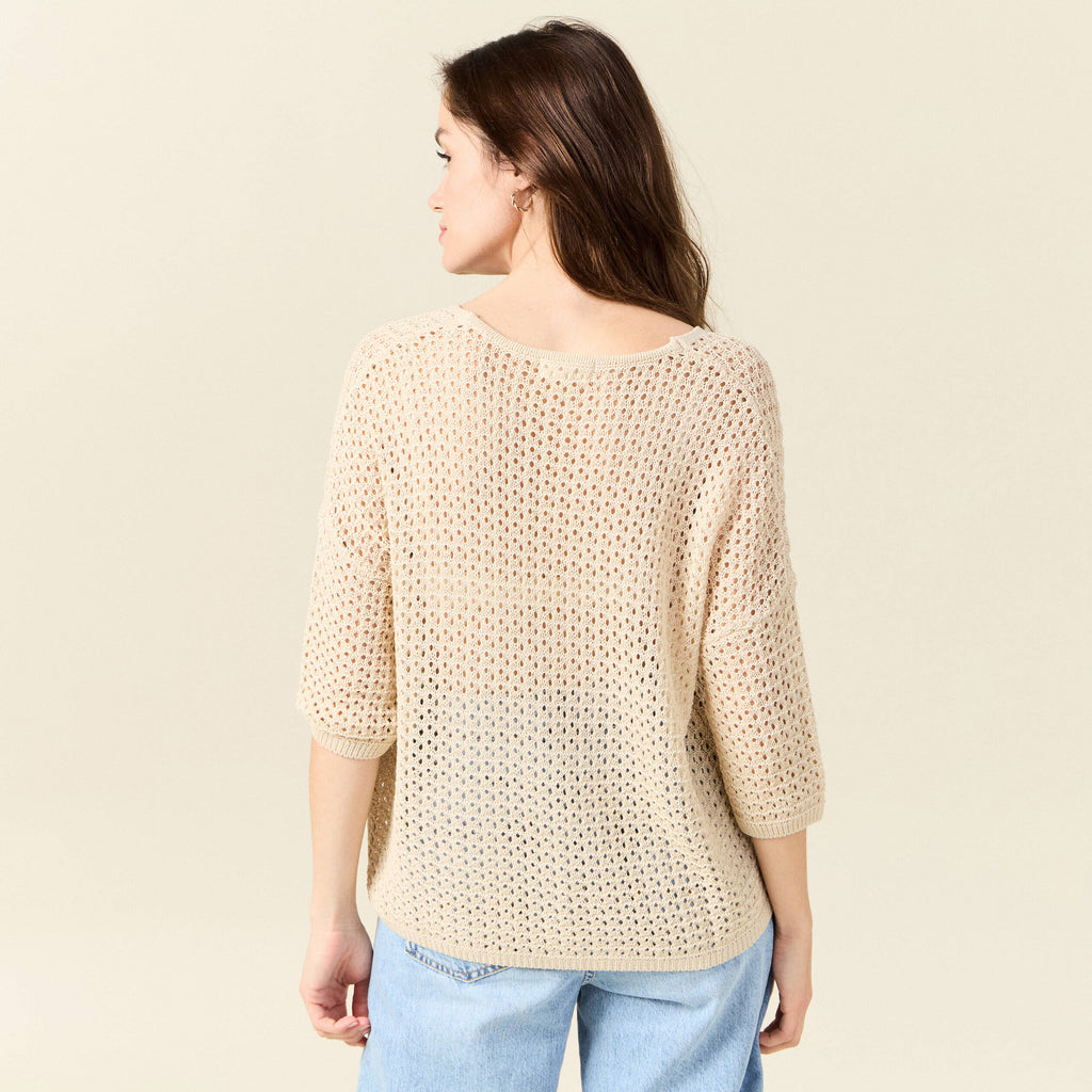 Pull ajouré col v manches 3/4 creme femme