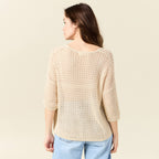 Pull ajouré col v manches 3/4 creme femme