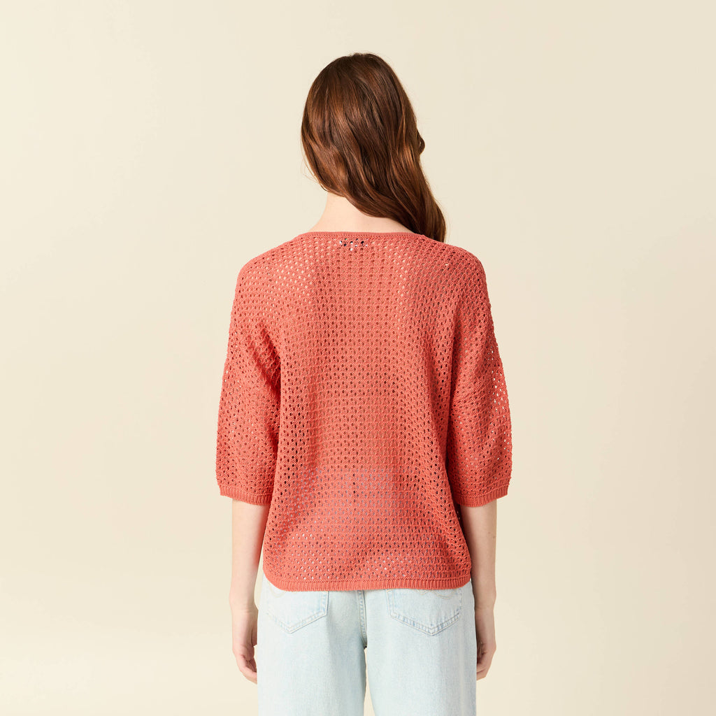Pull ajouré col v manches 3/4 rouge foncé femme