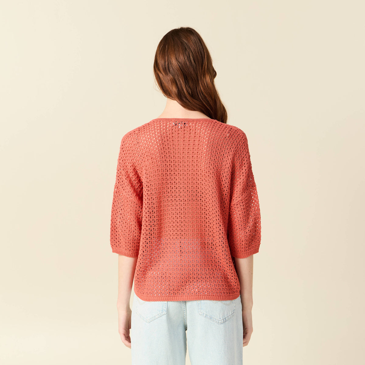 Pull ajouré col v manches 3/4 rouge foncé femme