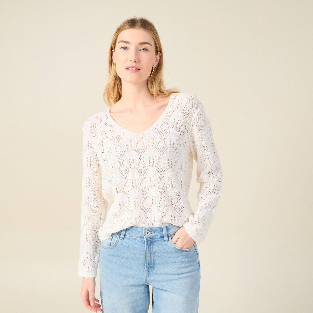 Pull ajouré col v manches longues ecru femme