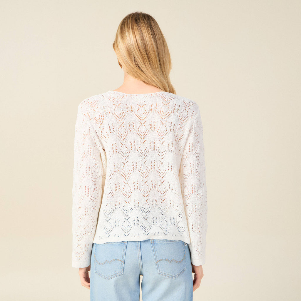 Pull ajouré col v manches longues ecru femme