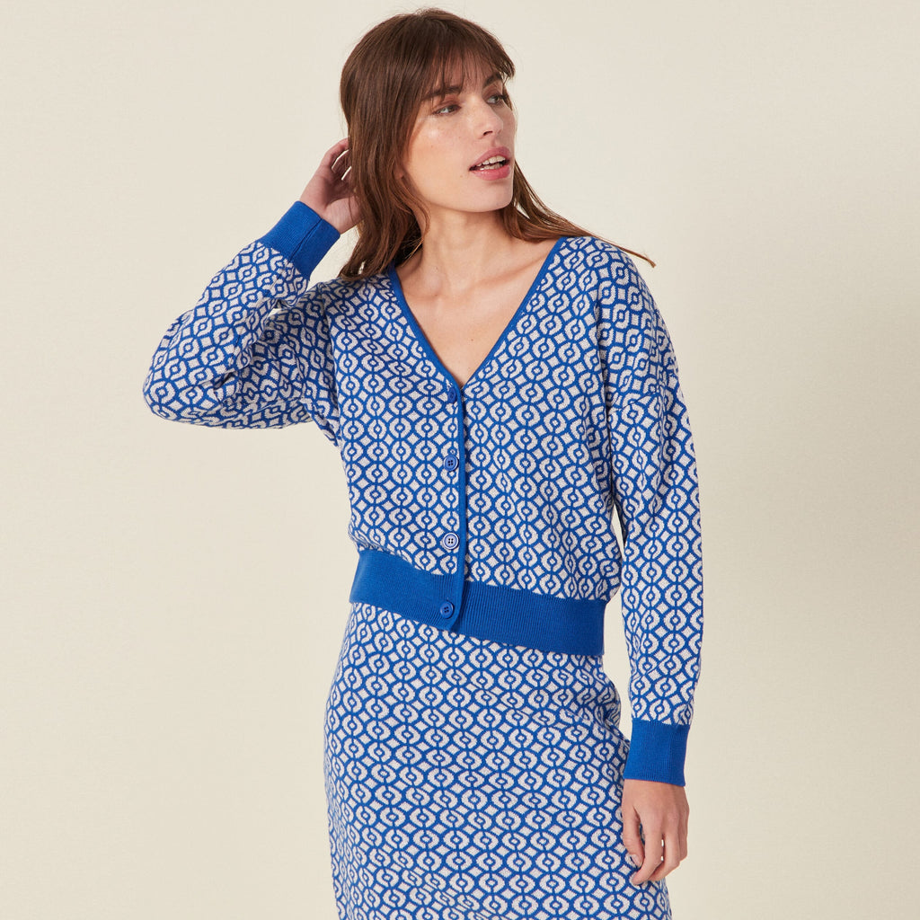 Gilet manches longues boutonné bleu femme
