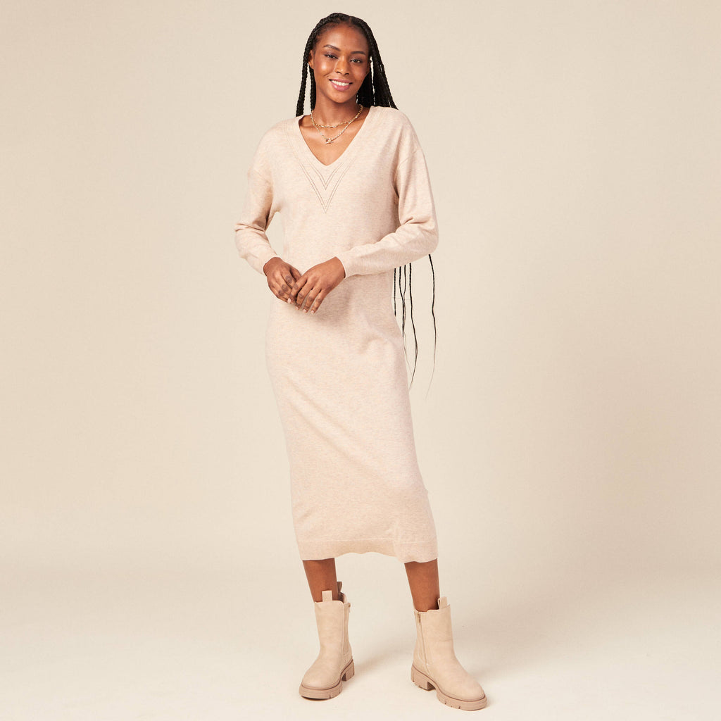 Robe cintrée col v manches 3/4 creme femme