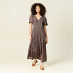 Robe longue droite col v manches courtes noir femme
