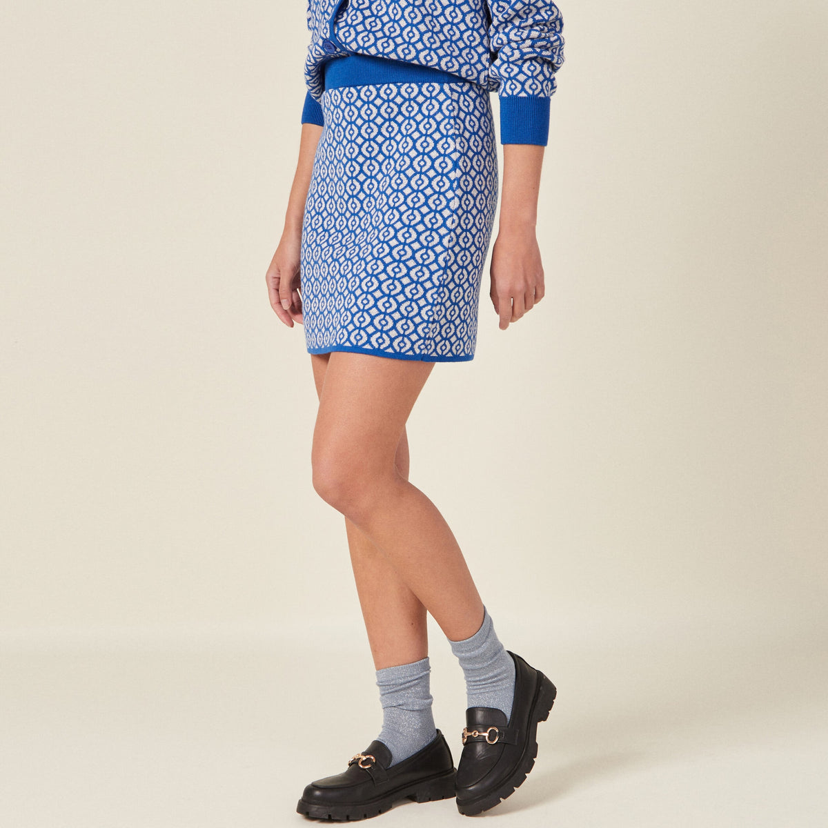 Jupe droite tricotée bleu femme