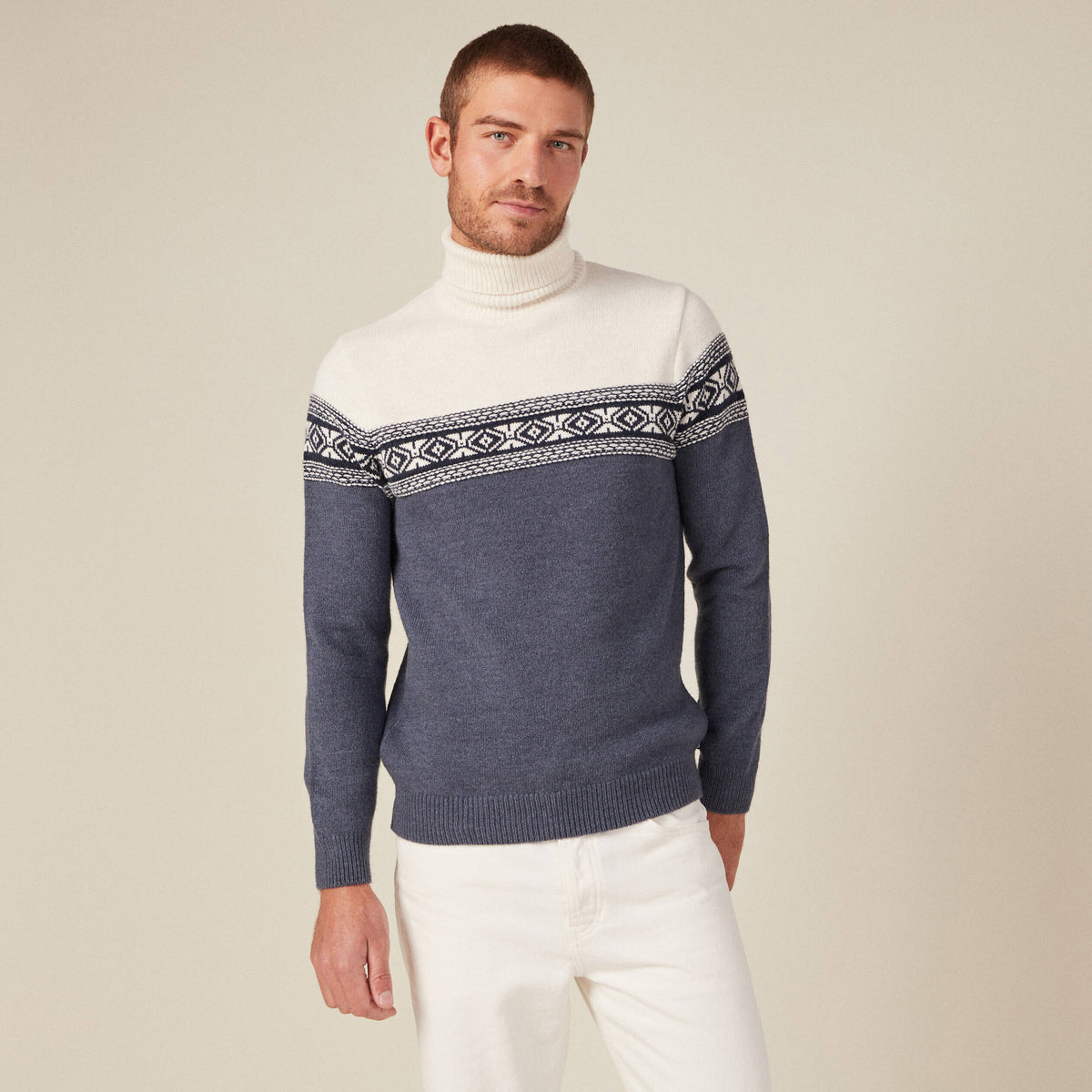 Pull manches longues col roulé ecru homme