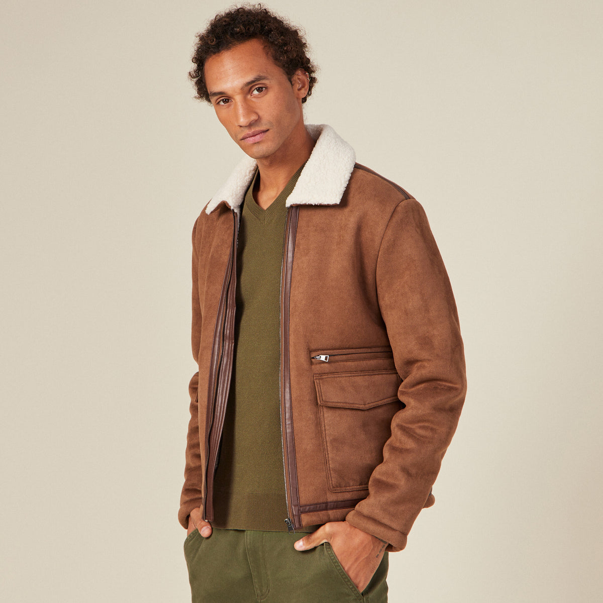 Blouson suédine col aviateur marron homme
