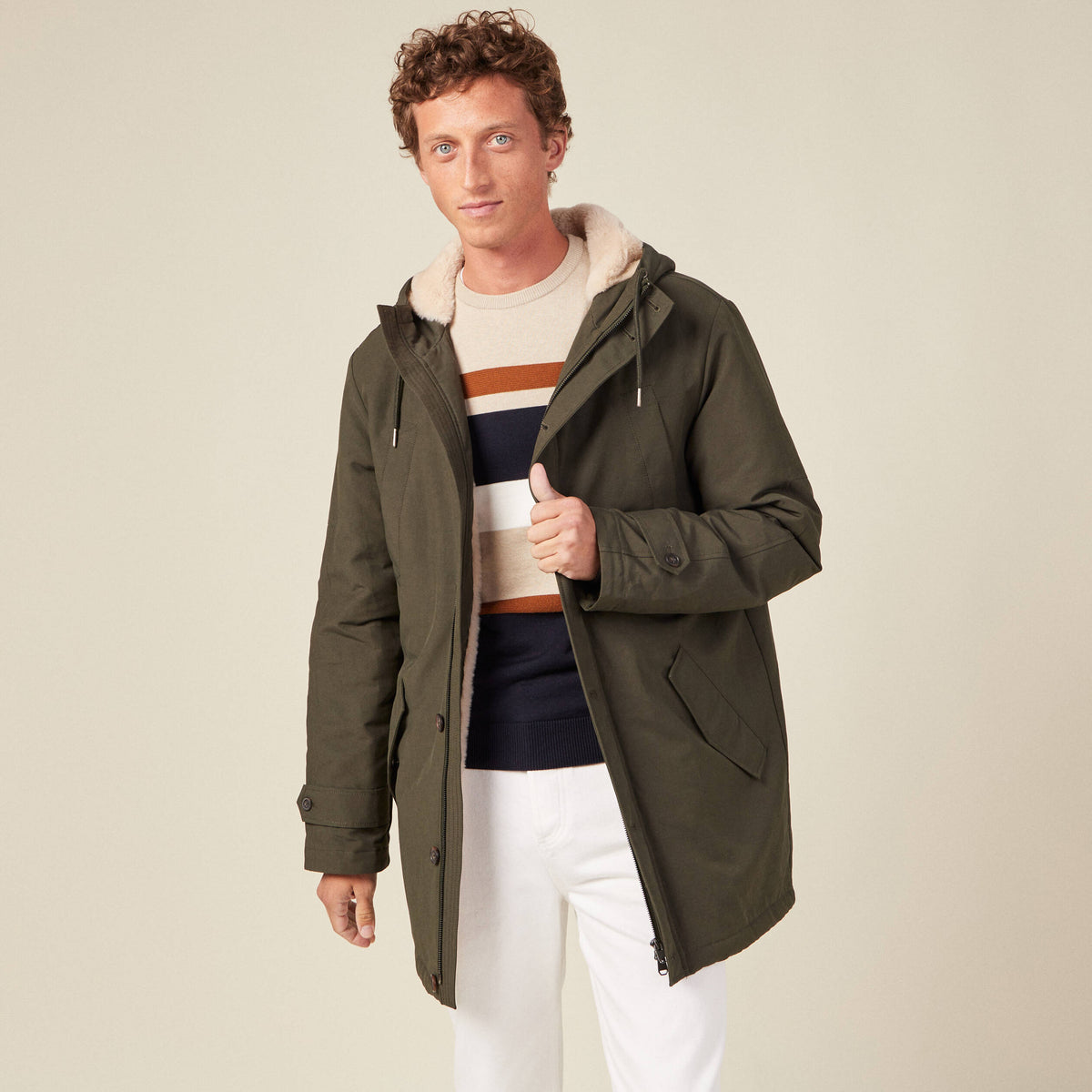 Parka droite à capuche vert kaki homme