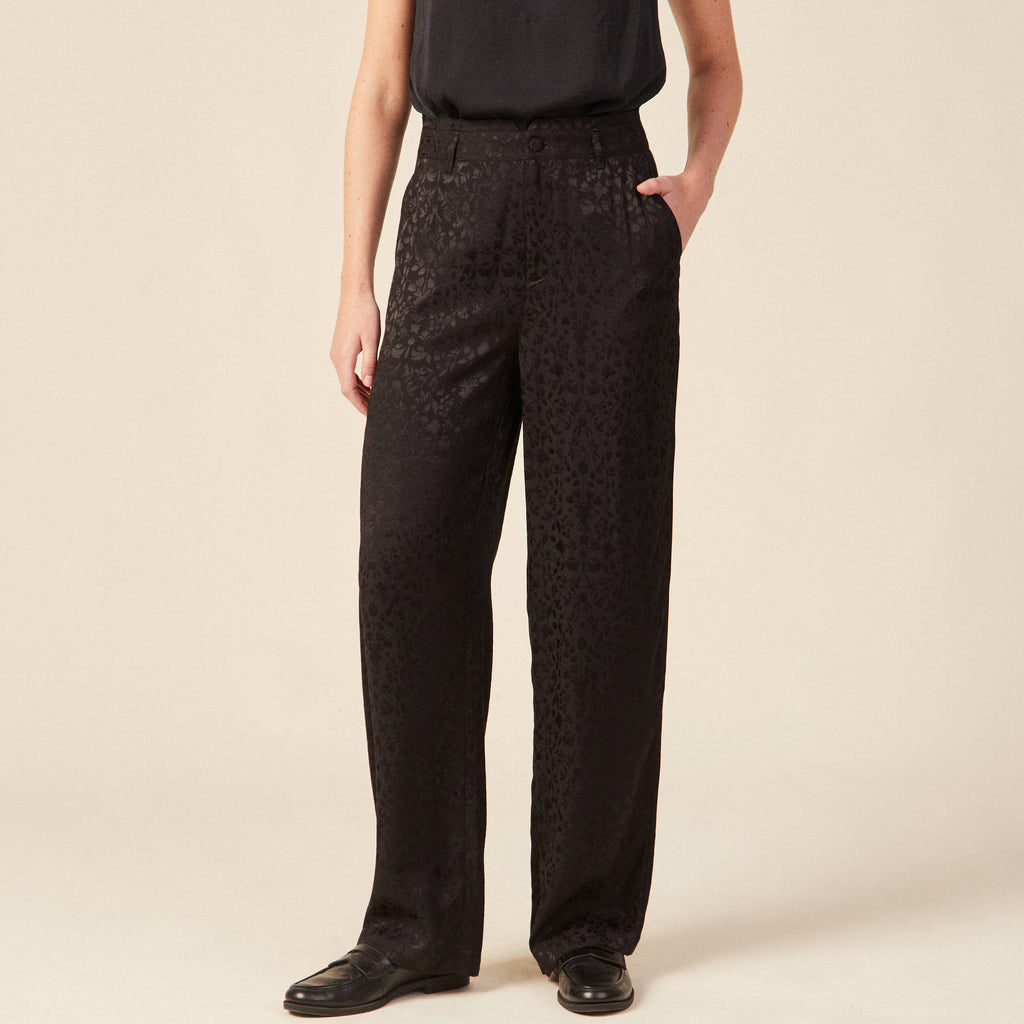 Pantalon large satin noir femme