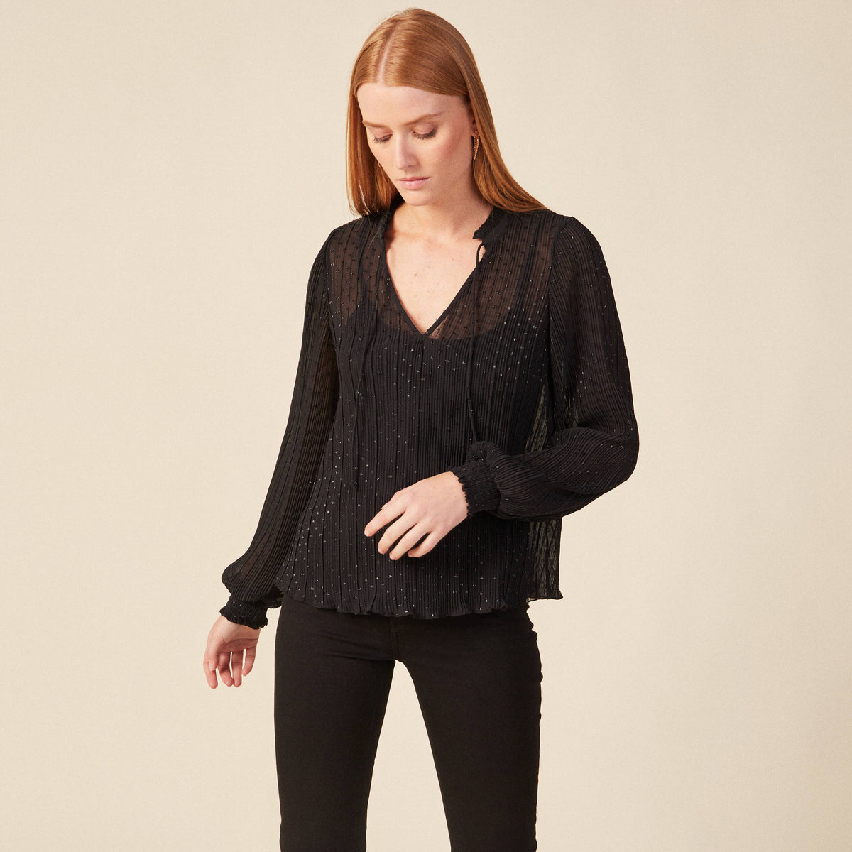 Blouse manches longues plissée noir femme