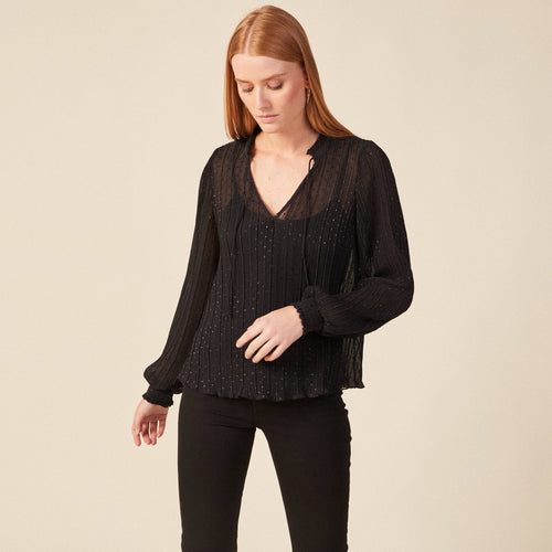 Blouse manches longues plissée noir femme