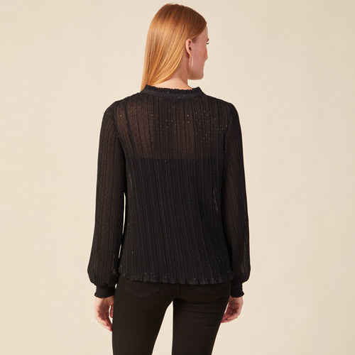 Blouse manches longues plissée noir femme