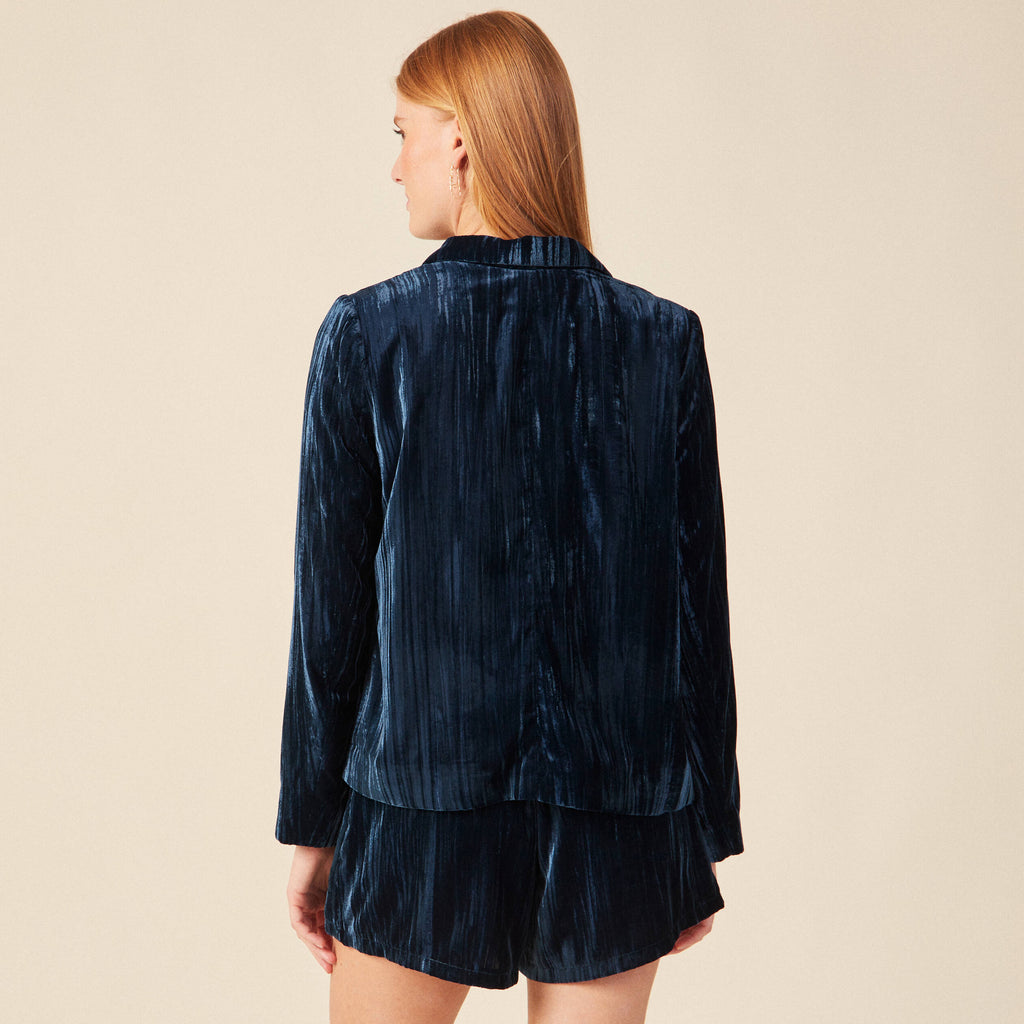 Tailleur droit court manches longues bleu canard femme
