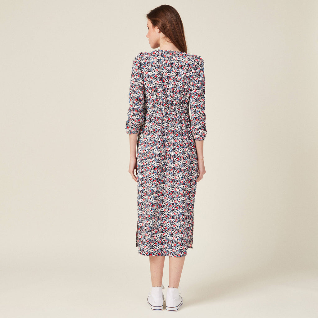 Robe cintrée col v manches longues bleu marine femme