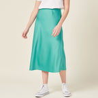 Jupe midi droite satin bleu turquoise femme