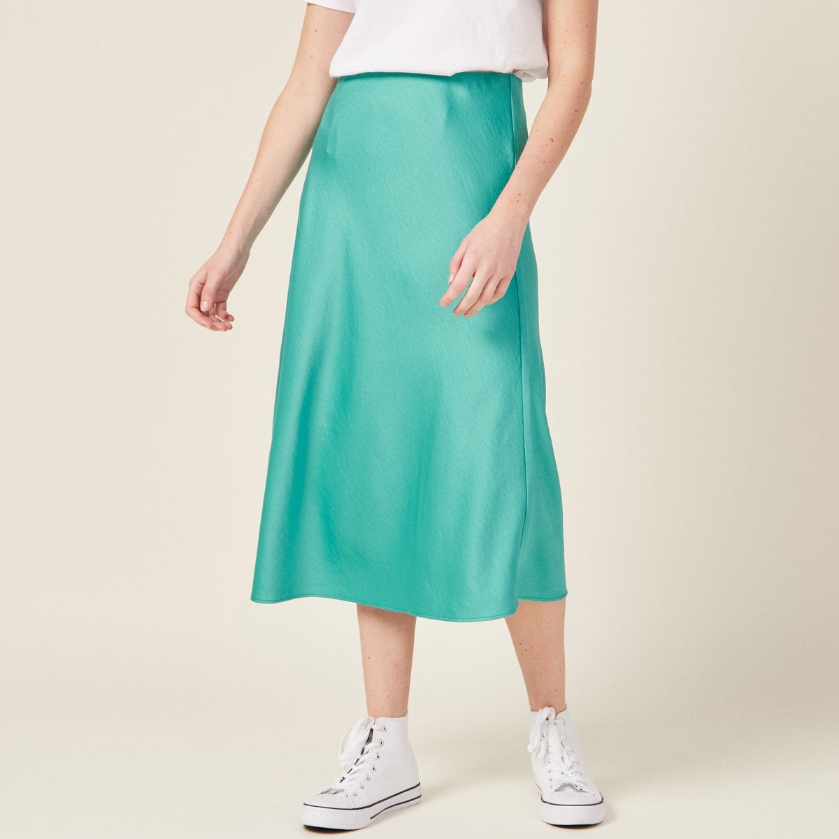 Jupe midi droite satin bleu turquoise femme