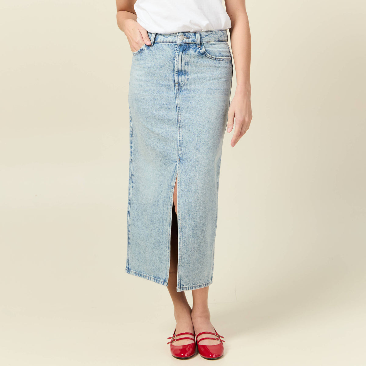 Jupe midi droite en jean denim bleach femme