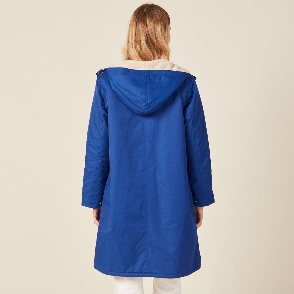 Parka droite à capuche doublée bleu electrique femme