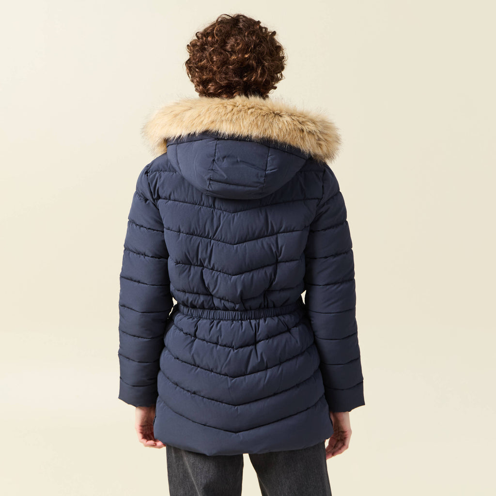 Doudoune à capuche fourrure bleu foncé femme