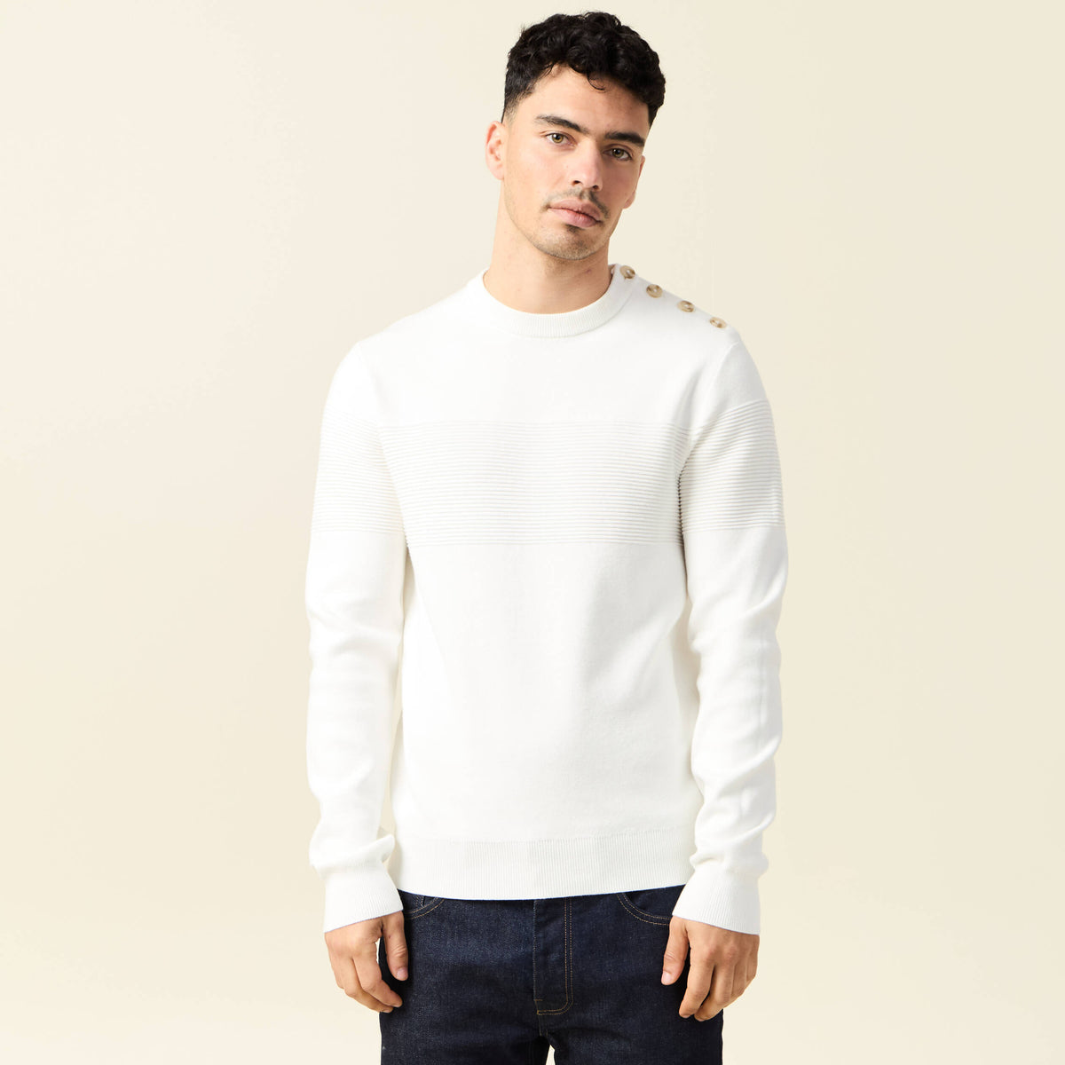 Pull manches longues col rond ecru homme