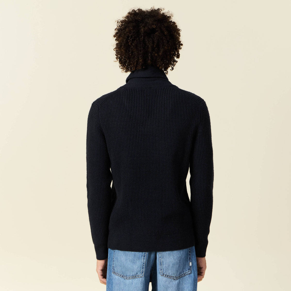 Pull manches longues col châle bleu marine homme
